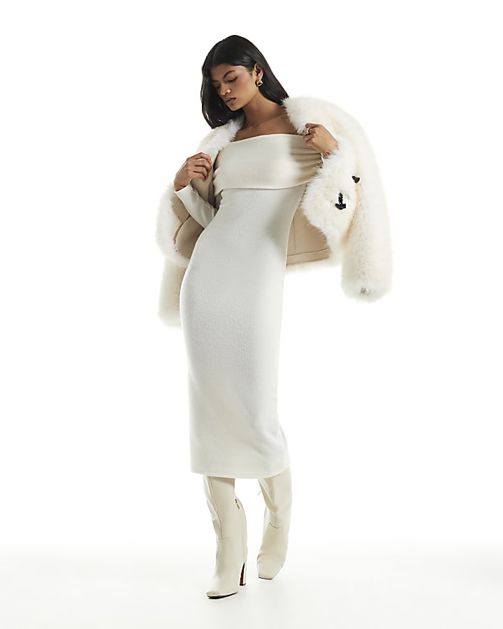 Cream Knit Bardot Cosy Midi Dress
