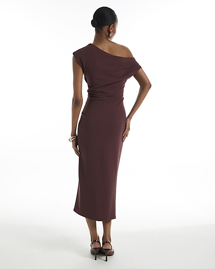 Wine Asymmetric Drape Wrap Midi Dress