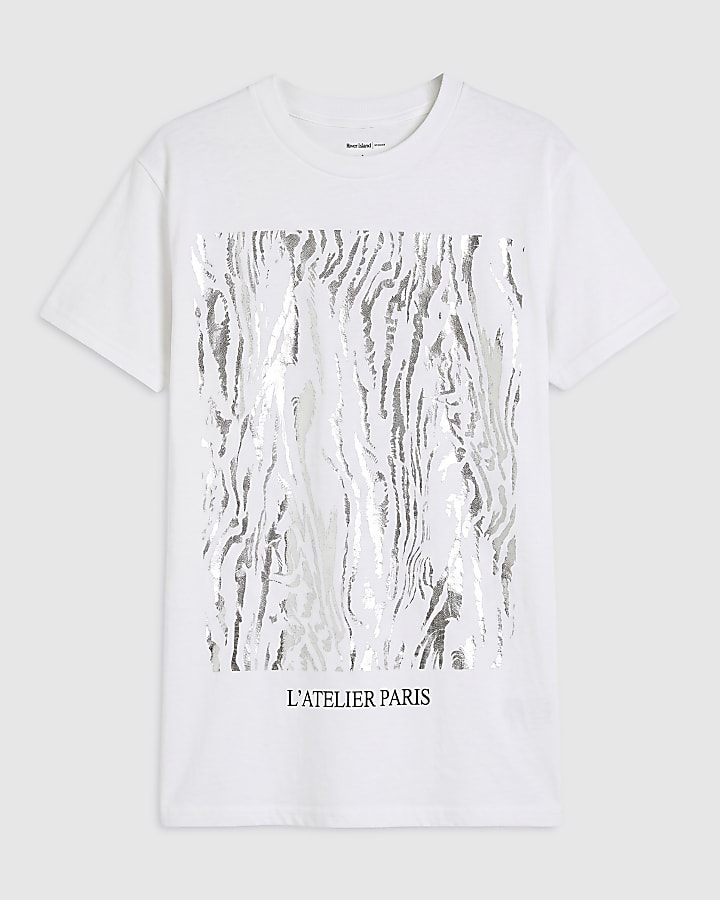 White Cotton Silver Foil Zebra Print T-Shirt