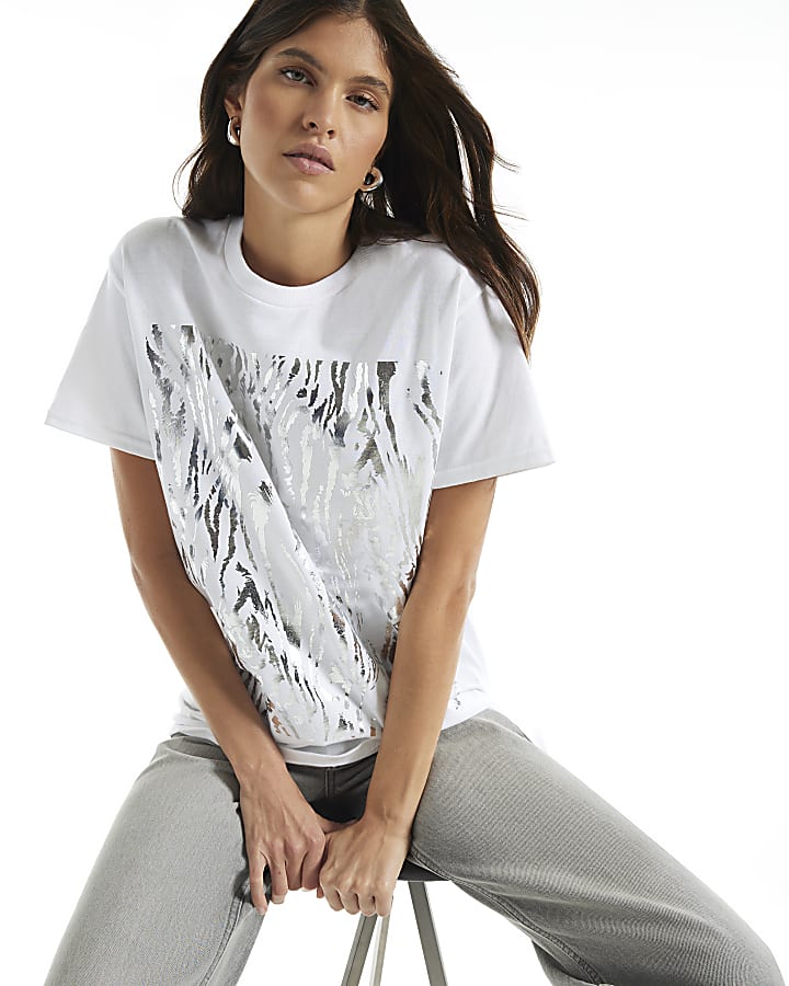 White Cotton Silver Foil Zebra Print T-Shirt
