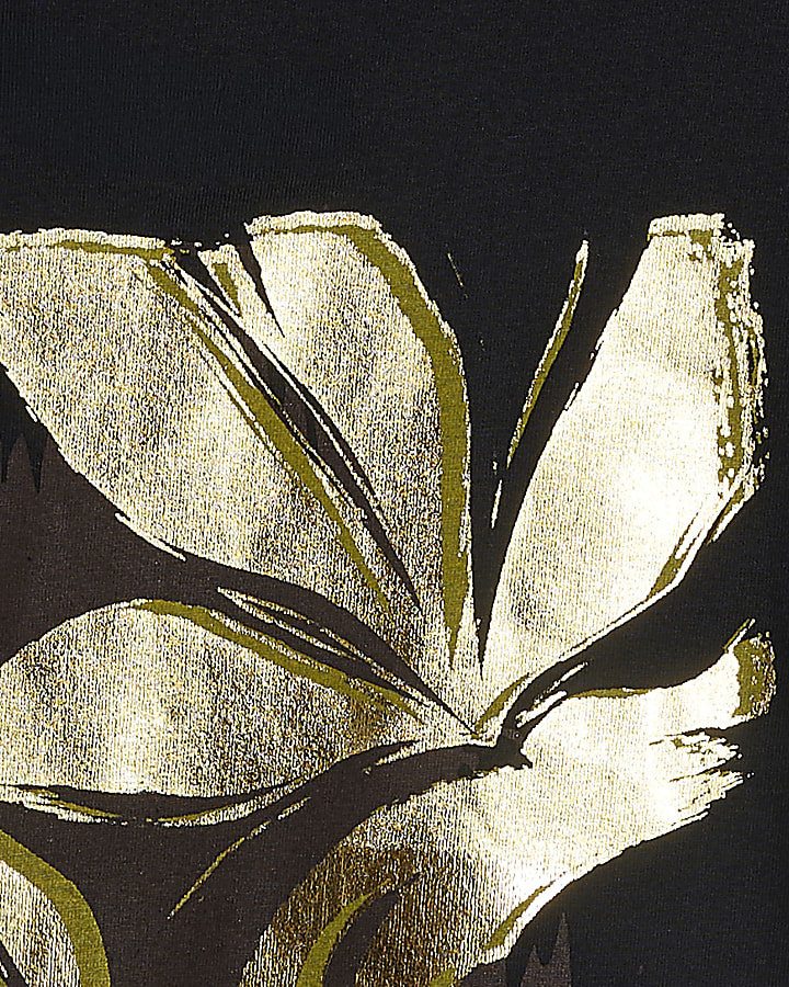 Black Cotton Foil Floral Print T-Shirt