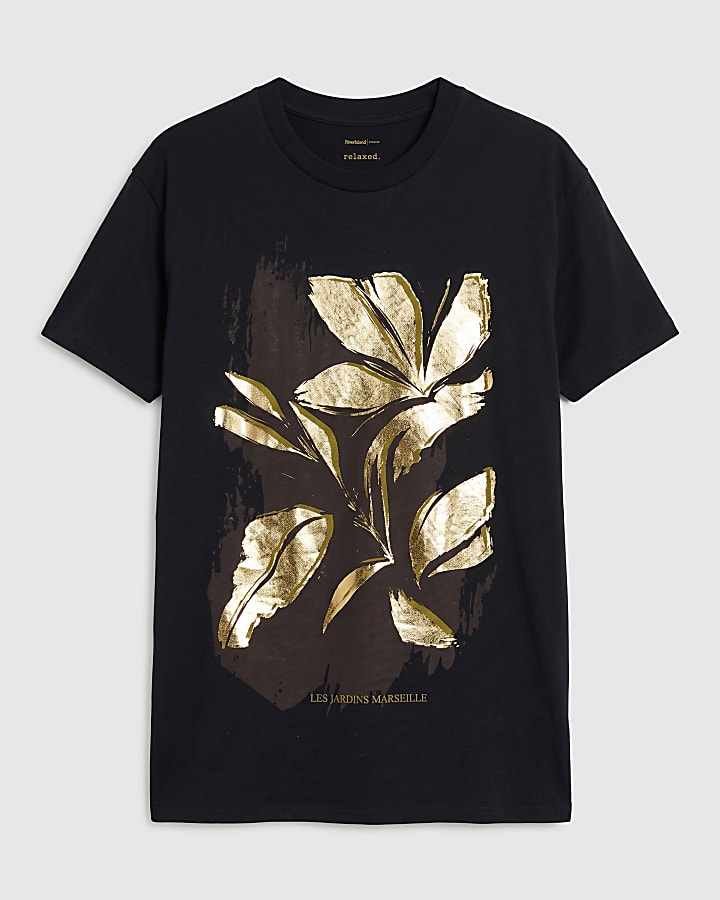 Black Cotton Foil Floral Print T-Shirt