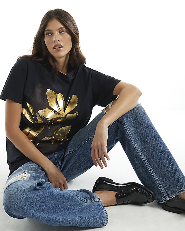 Black Cotton Foil Floral Print T-Shirt
