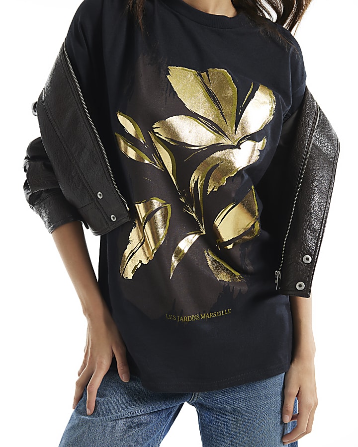 Black Cotton Foil Floral Print T-Shirt