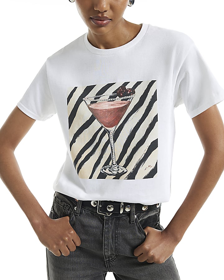 White Cotton Zebra Print Cocktail T-Shirt