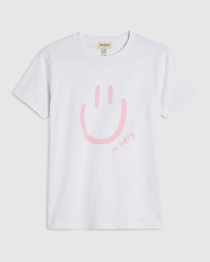 White Short Sleeve Be Happy Face T-Shirt