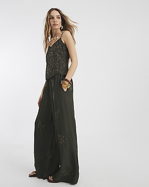 Khaki Embellished Wide Leg Trousers