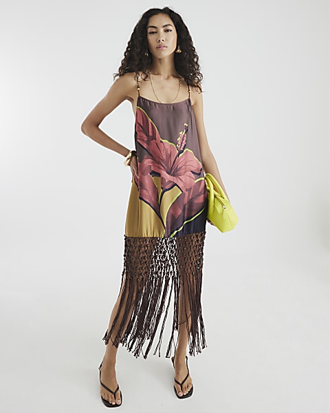 Brown Flower Print Tassel Maxi Dress