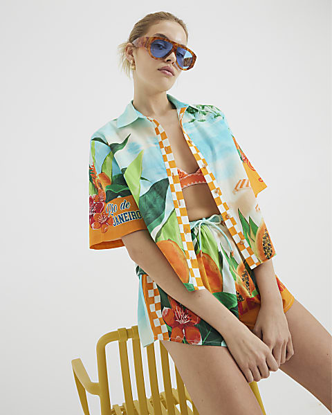 Blue Tropical Print Shorts