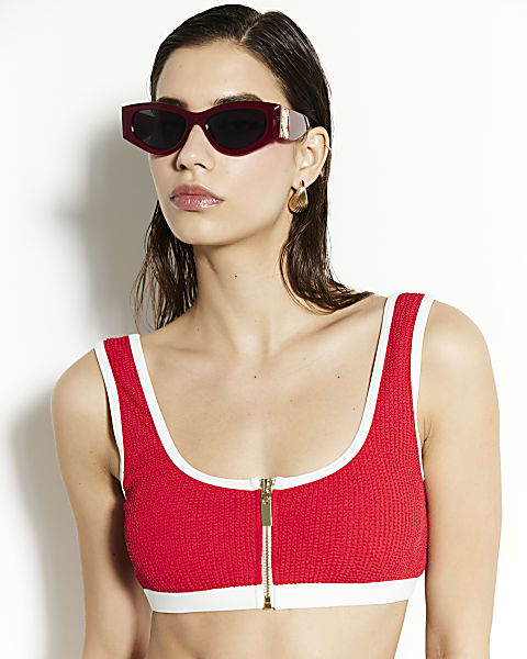 Red Zip Front Cami Textured Bikini Top