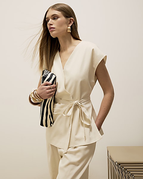 Beige Off Shoulder Wrap Tie Tunic Top