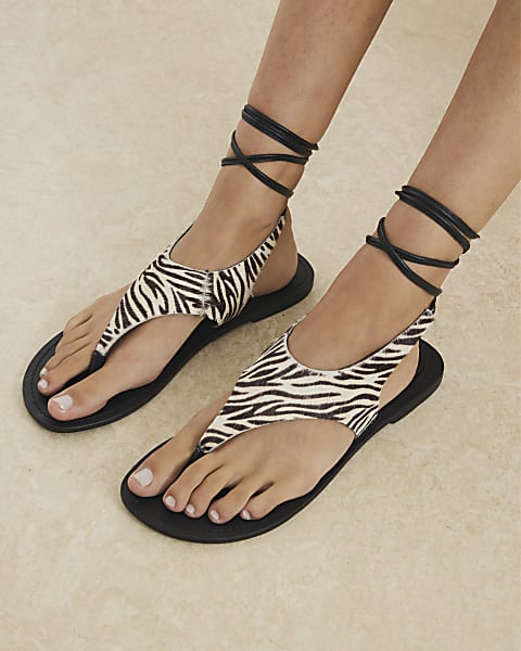 Black Leather Zebra Print Strappy Sandals