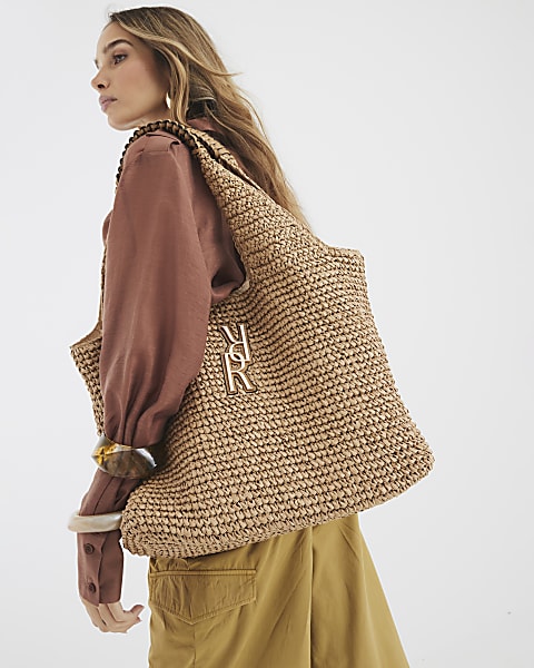 Beige RR Raffia Shopper Bag