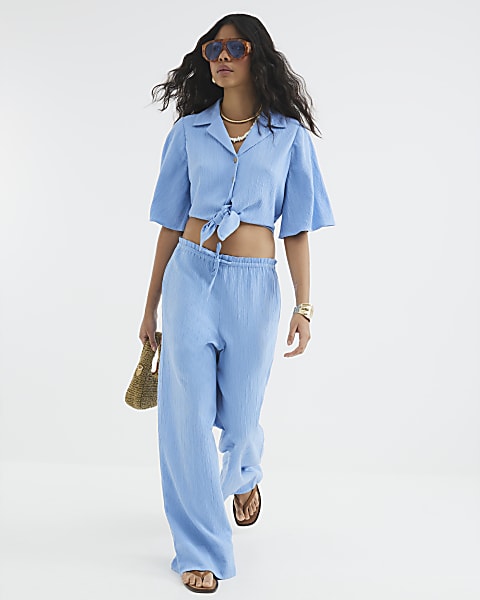 Blue Crinkle Linen Blend Trousers