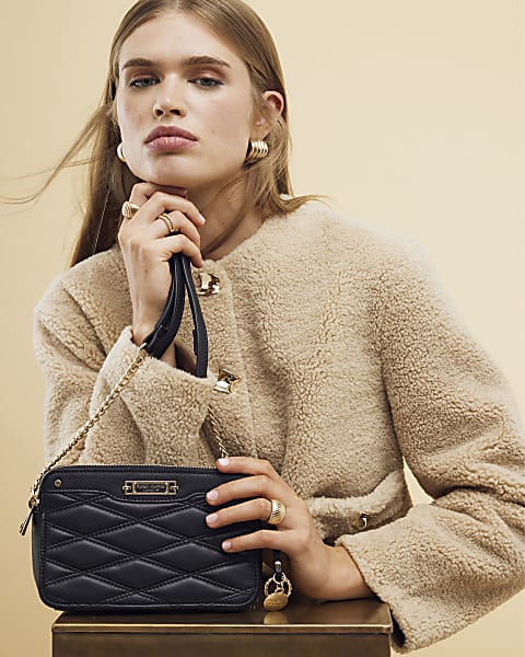 Black Faux Leather Quilted Cross Body Bag