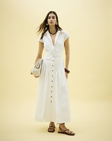 White Short Sleeve Belted Midi Shirt Dress