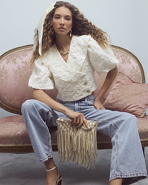 Cream Premium Crystal Fringe Shoulder Bag