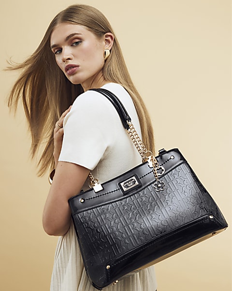 Black Chain Handle Embossed Tote Bag