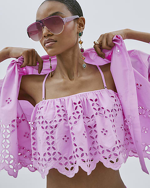 Pink Cropped Broderie Cami Top