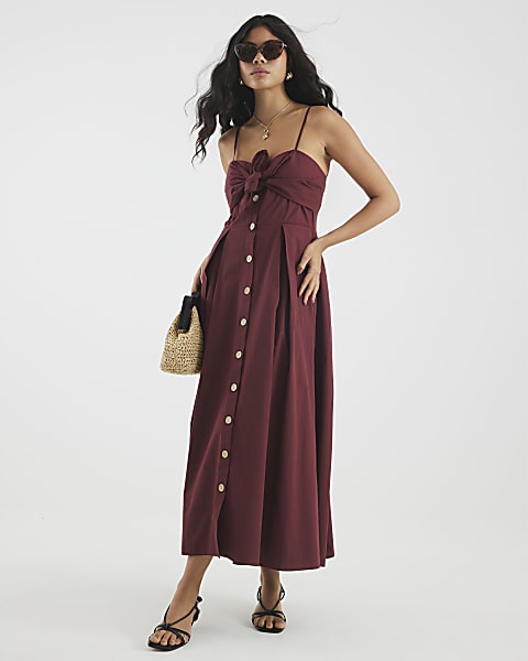 Purple Bow Detail Button Up Midi Dress