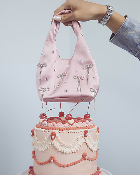 Pink Satin Diamante Bow Grab Bag
