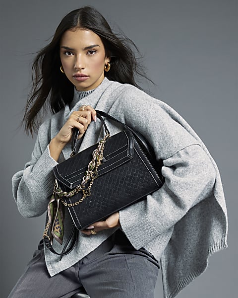 Black Faux Suede Monogram Charm Tote Bag