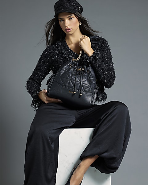 Black Quilted Chain Handle Slouch bag