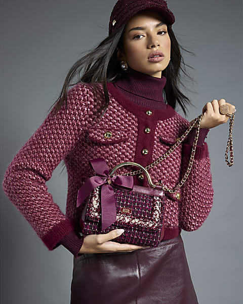 Red Boucle Bow Metal Handle Tote Bag