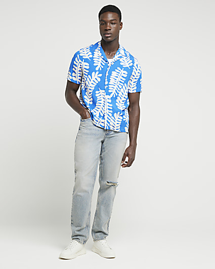 Blue regular fit tropical leaf shirt