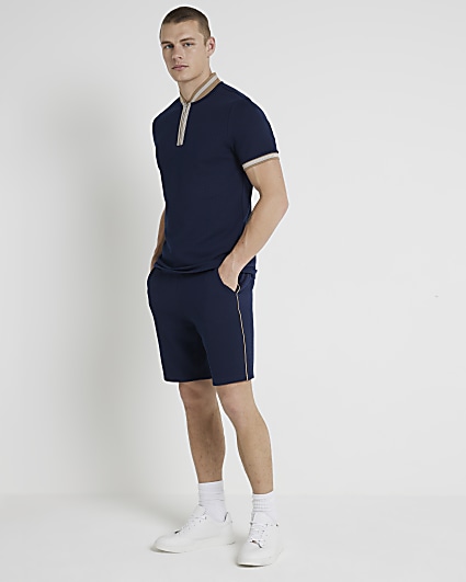 Navy slim fit textured shorts