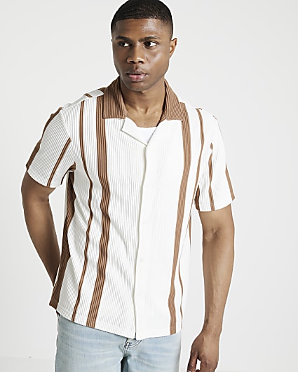 Brown regular fit stripe revere shirt