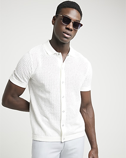 White regular fit textured knitted shirt