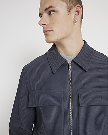 Blue regular fit plisse zip up overshirt