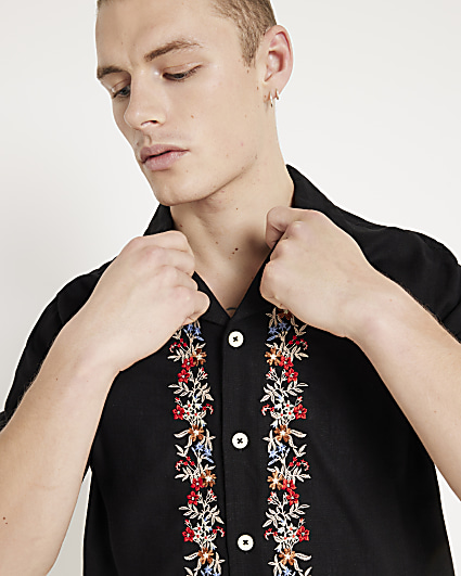 Black regular fit embroidered floral shirt
