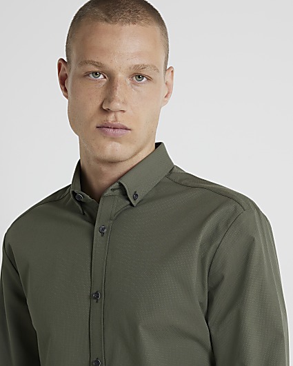 Khaki muscle fit textured smart shirt