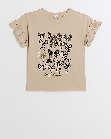 Girls beige animal print bow t-shirt
