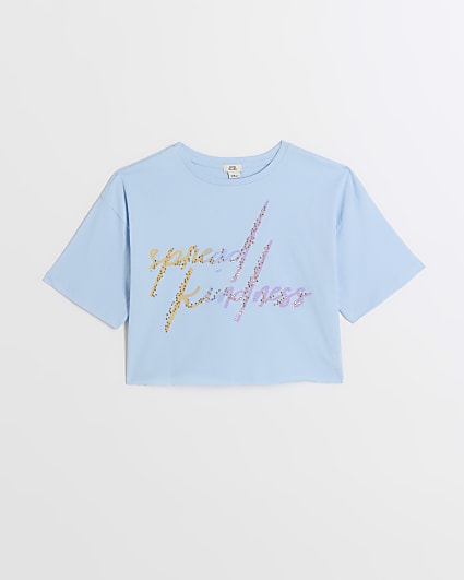 Girls blue diamante graphic crop t-shirt