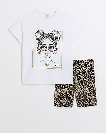 Girls beige leopard print t-shirt and shorts