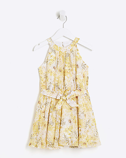 Mini girls yellow floral halter neck dress