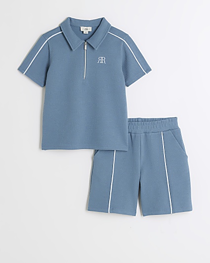 Boys blue textured polo and shorts set