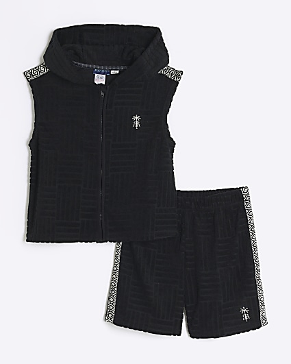 Boys black towelling hoodie and shorts set