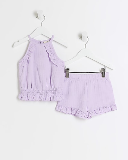 Mini Girls Purple Broderie Top And Shorts Set