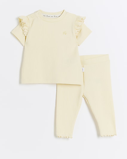 Baby girls yellow ribbed frill t-shirt set