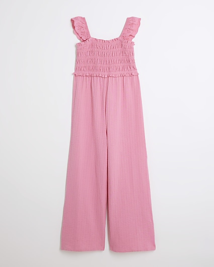 Girls pink shirred jumpsuit