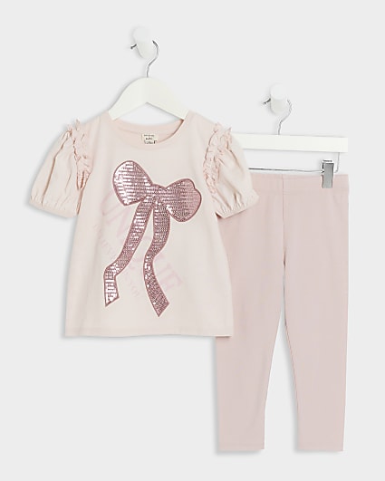 Mini girls pink sequin bow t-shirt set