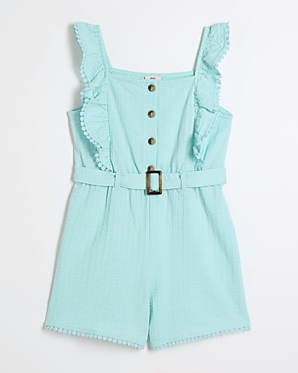 Girls turquoise textured belted playsuit