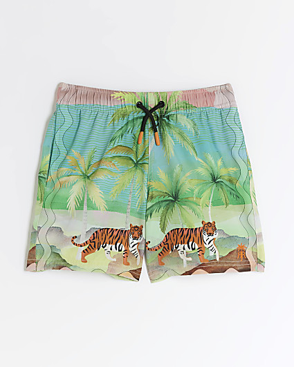 Boys green tiger graphic swim shorts