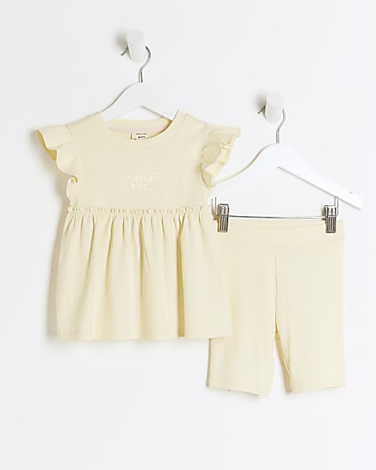 Mini girls yellow ribbed peplum t-shirt set
