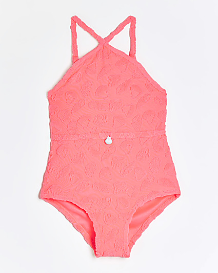 Girls coral towelling shell swimsuit