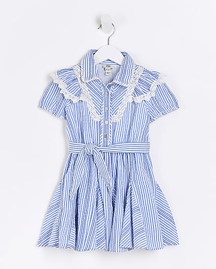 Mini girls blue stripe belted shirt dress